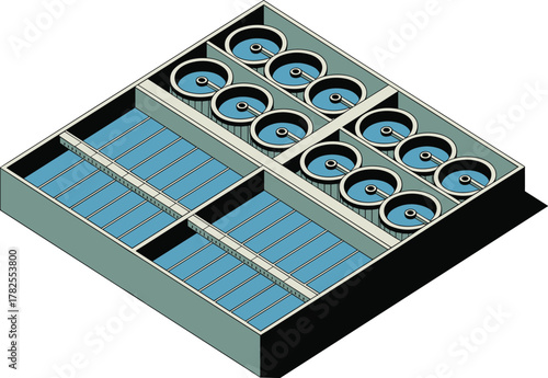 Isometric Wastewater Treatment Plant Filtration and Clarification Basins Vector Illustration