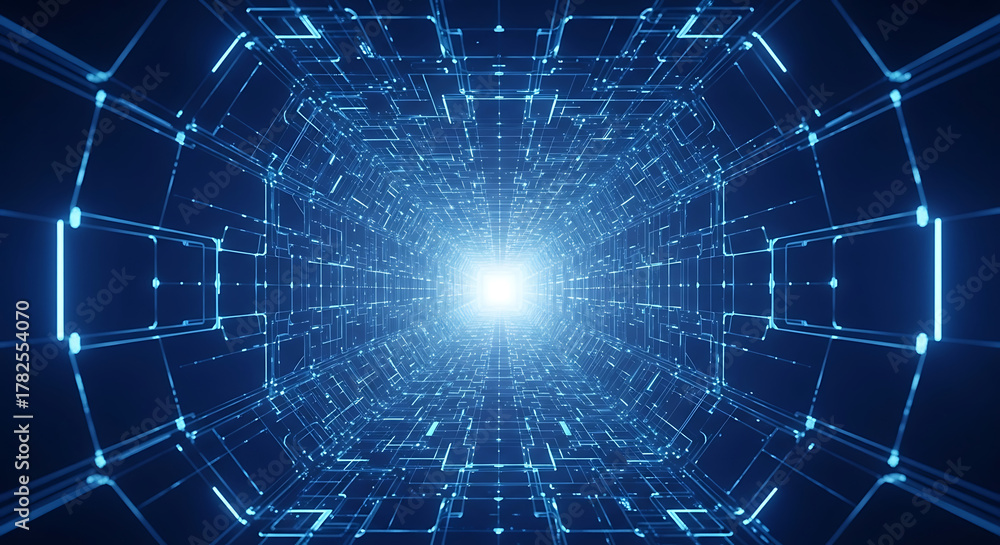 Fototapeta premium Abstract blue digital tunnel with glowing light at the end
