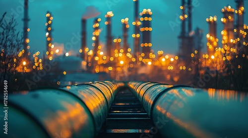 Industrial Landscape: Oil Refinery Pipelines at Night with Bokeh Lights, Energy Infrastructure, and Environmental Concerns