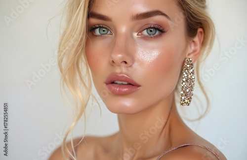 Portrait of young woman with shiny makeup. Blonde model poses with natural lips and skin. Female wears elegant earring. Beauty photo for cosmetics advertising or fashion industry projects.