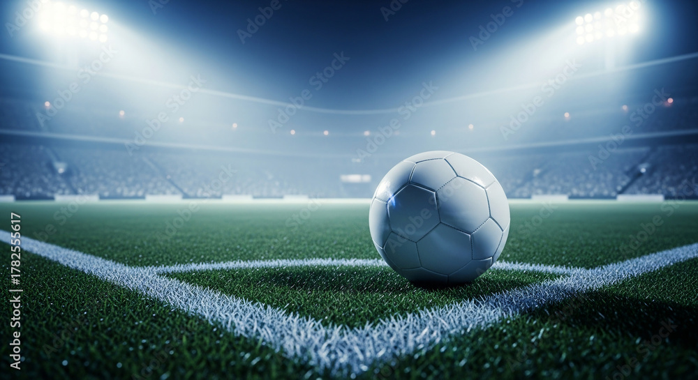 Naklejka premium A gleaming white soccer ball rests on the corner kick mark of a vast, brightly lit stadium field at night, ready for an exciting match to begin under the intense spotlights