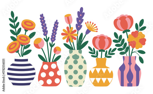 Collection of colorful floral bouquets in decorative vases isolated on white background
