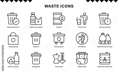 Rubbish icon set with clean minimal line designs representing trash bins, waste disposal, recycling, garbage collection, and environmental cleanup concepts