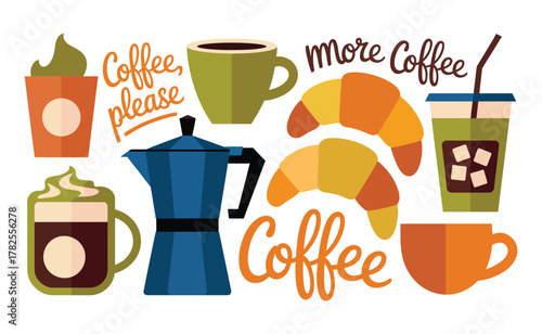 Collection of coffee drinks croissants and coffee maker isolated on white background