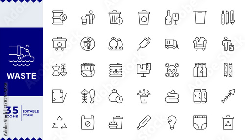 Waste and Rubbish icon set featuring minimal line symbols for garbage, trash bins, recycling, ecology, pollution control, and sustainable waste management concepts