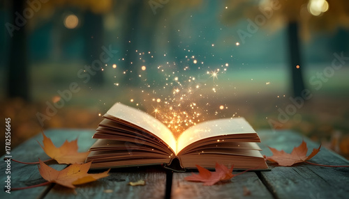 Open book with glowing sparks, autumn leaves on wood table. Story tale magic, fantasy, knowledge, wisdom, imagination, education concept. Mystical mood with blur bokeh light.