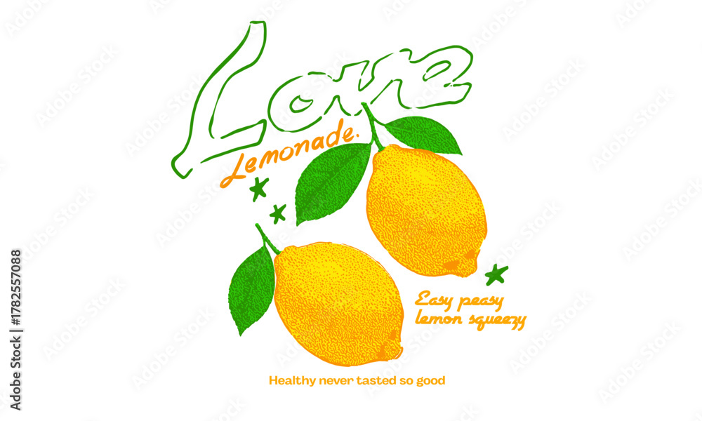 Obraz premium Vintage artwork of fresh lemons with leaves. Retro Love Lemonade illustration for healthy drink menu, sticker