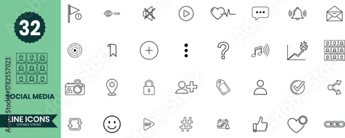 Social Media Line Icons Set 32 Communication, Online Interaction, Engagement, and Digital Content Outline Vector Illustrations