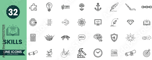 Skills Line Icons Set 32 Personal Development, Professional Abilities, Learning, and Talent Outline Vector Illustrations