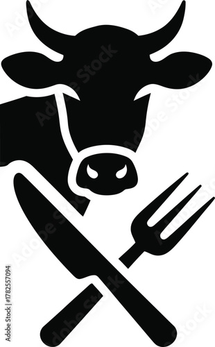 Black silhouette of a cow head with crossed knife and fork