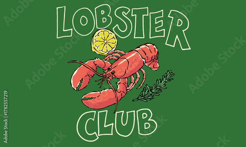 Vintage illustration of a fresh lobster with lemon. Retro Lobster Club artwork for seafood restaurant menu, t shirt print