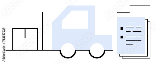 Compact truck near box and flying documents representing shipping, freight services, order tracking. Ideal for logistics, shipping, transportation, ecommerce, management, supply chain business