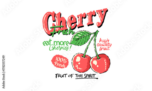 Retro artwork of two fresh cherries with a leaf. Vintage illustration with Fruit of the Spirit quote for t shirt print
