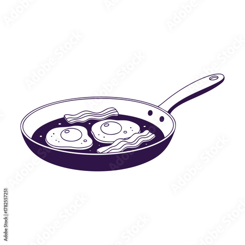 Fried Eggs and Bacon in Pan – Breakfast Line Sketch