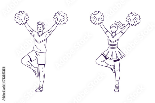 Cheerleader with Pom-Poms – Energetic Line Drawing