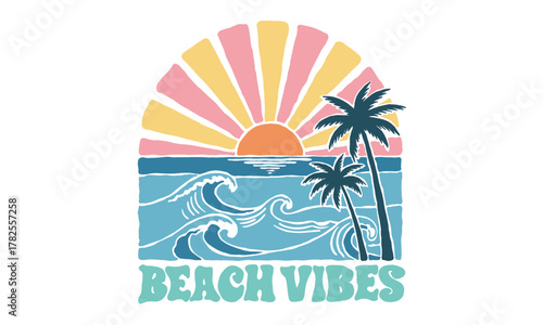 Retro artwork of a tropical beach with palm trees and a sunset. Vintage illustration with Beach Vibes quote for t shirt print