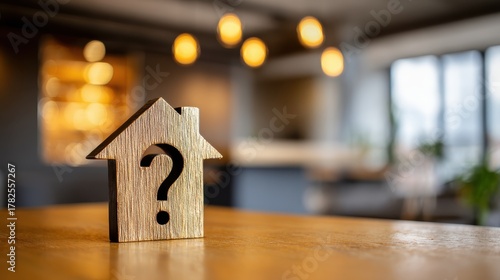 Wooden house symbol with a question mark representing uncertainty in real estate decisions in a modern interior space with warm lighting and soft focus