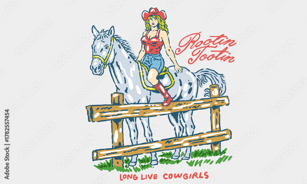 Obraz premium vintage artwork of a pinup style cowgirl sitting on a horse. Retro Rootin Tootin illustration for a t shirt print