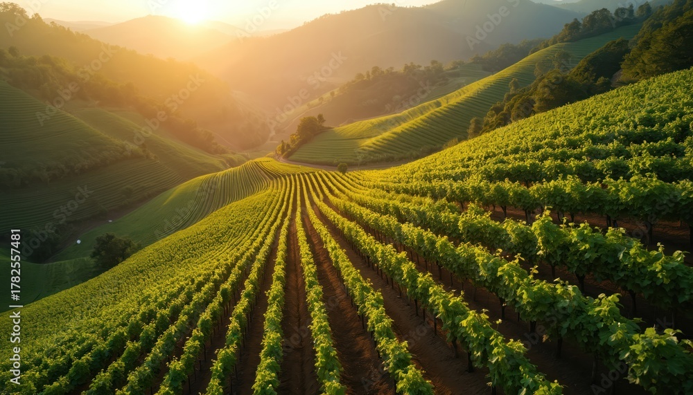 Obraz premium Green vineyard rows on rolling hills at sunset. Golden sun beams through hazy atmosphere illuminating rich grape plants. Rural landscape, organic farming, agriculture.
