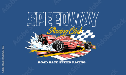 race car drifting on a speedway corner. Retro motorsport artwork for a racing club t shirt print.