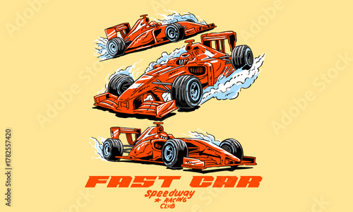 fast race cars in a competition artwork. Retro speedway racing club illustration for a t shirt print.