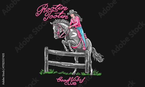 retro illustration of a cowgirl on a jumping horse. Vintage Rootin Tootin artwork for a good vibes club t shirt print