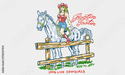 vintage artwork of a pinup style cowgirl sitting on a horse. Retro Rootin Tootin illustration for a t shirt print