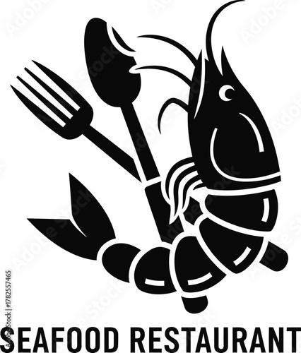 Seafood restaurant logo with shrimp and utensils