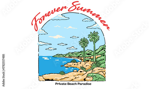 retro illustration of a private beach paradise with palm trees. Vintage Forever Summer artwork for a t shirt print