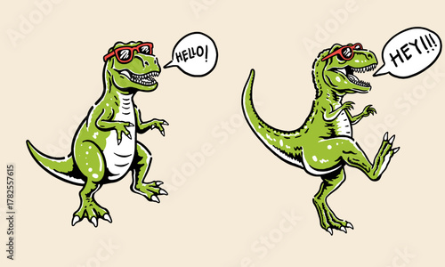 set of two cute cartoon T-Rex dinosaur characters. Funny retro illustration for a t-shirt print