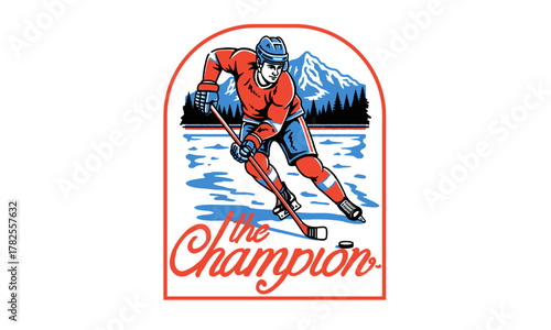  retro patch of an ice hockey player in the mountains. Vintage champion artwork for a t-shirt print