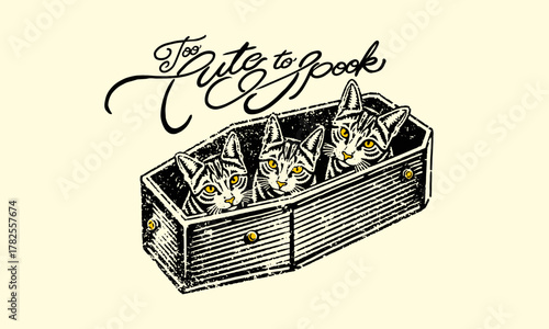 cute and spooky illustration of three kittens in a coffin. Retro artwork with a funny pun for Halloween