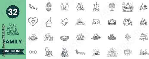 Family Line Icons Set 32 Parenthood, Relationships, Children, and Home Life Outline Vector Illustrations