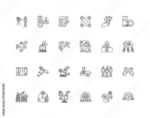 A collection of 24 public reality icons including media, relationships, crisis, management, press release, stakeholders, engagement, brand, thin line graphic icon illustrations on a white background.