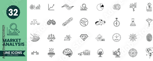 Market Analysis Line Icons Set 32 Analytics, Strategy, Data Research, and Business Insight Outline Vector Illustrations