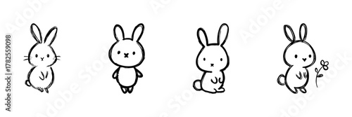 Cute Bunny Characters Line Icon Set In Doodle Style. Adorable Rabbit Illustrations With Playful Expressions Outline Sketch Collection. Hand Drawn Isolated Vector Illustration
