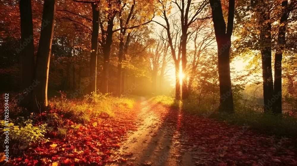 Fototapeta premium Autumn forest scenery nature background wallpaper fall foliage trees sunlight landscape path 10k on transparent background