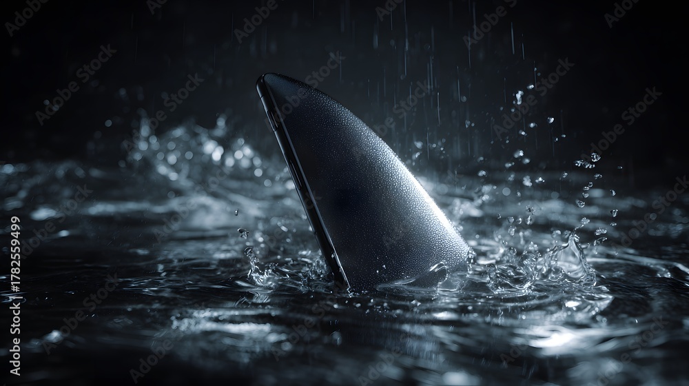 Fototapeta premium Dark, dramatic scene depicts an object emerging from turbulent water during a downpour