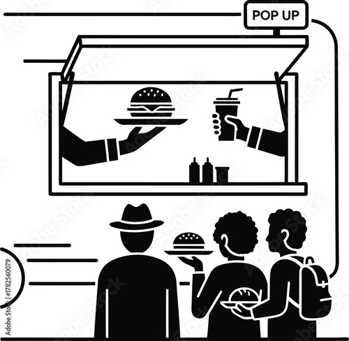 Food truck serving burgers and drinks to customers