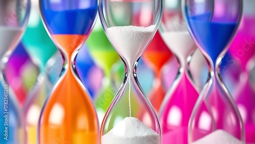 Colorful overlapping hourglasses with upward-flowing sand, depicting the unique perception of time in ADHD.
