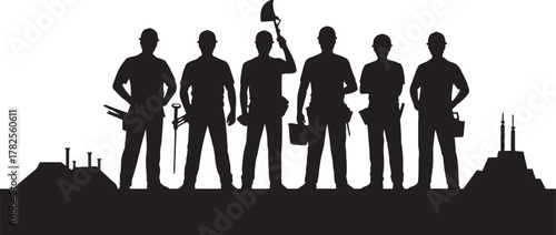 Black silhouette of construction workers team with tools and industrial background black and white