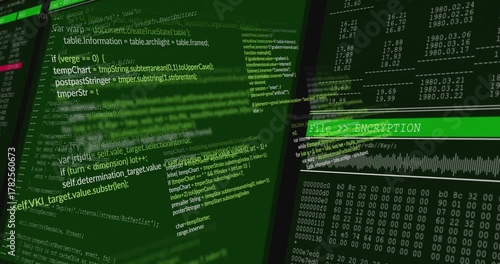 Dark frame pulling, green UI revealing code panel and File  ENCRYPTION dash, aligning monitoring