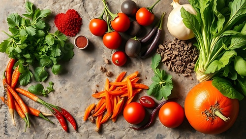 A vibrant arrangement of fresh Asian herbs and spices on a rustic stone surface, showcasing rich colors and textures.