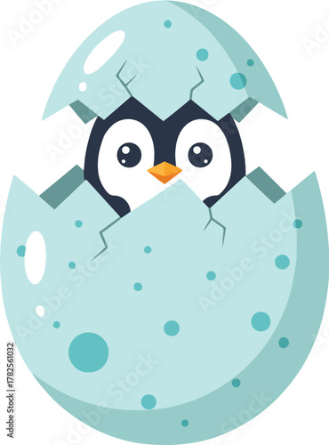  A highly appealing, colorful cartoon illustration showing a wide-eyed baby penguin chick emerging happily from a large, broken, speckled blue eggshell.