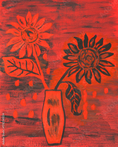 Red and black sunflowers in vase painting