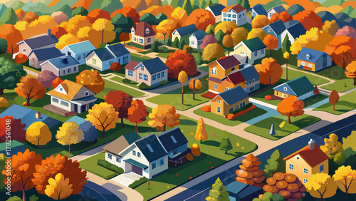 Very beautiful aerial drone view of residential housing surrounded by vibrant fall foliage in Laurel, Maryland, USA, featuring colorful trees, suburban streets, and a realistic scenic autumn landscape