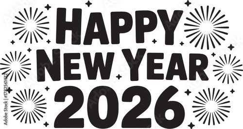Happy New Year 2026 text with starbursts and sparkles celebration lettering