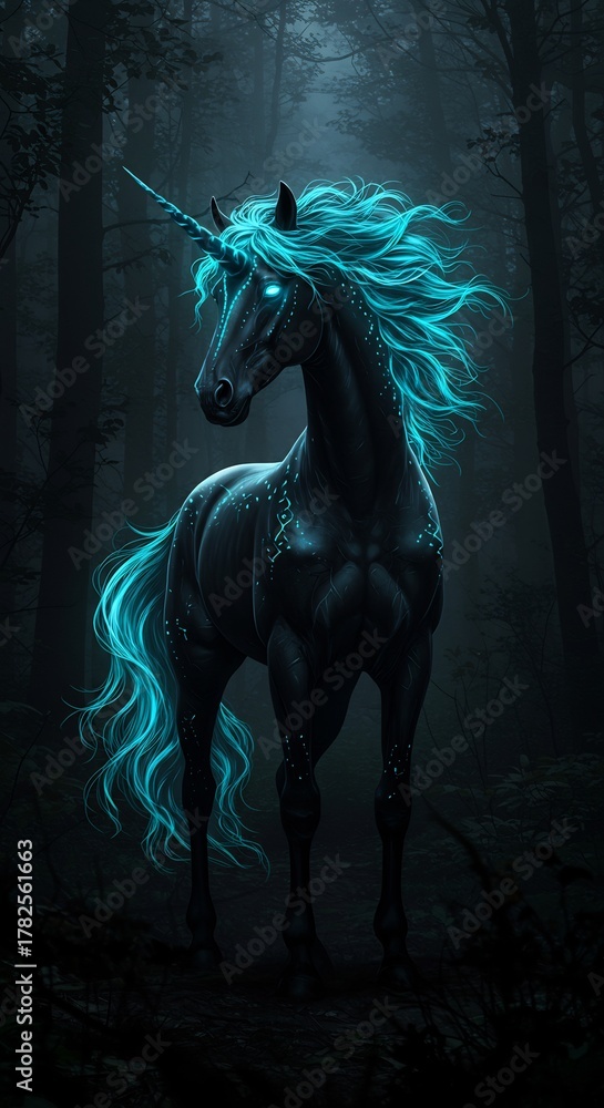 Naklejka premium A dark unicorn with a glowing turquoise mane stands in a shadowy forest