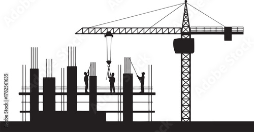 Black silhouette of construction workers and crane building high rise structure skyscraper