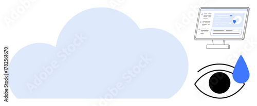 Large cloud symbol, computer screen displaying data interface, and an eye with a droplet. Ideal for data storage, cybersecurity, privacy, digital services, online safety, cloud technology minimal